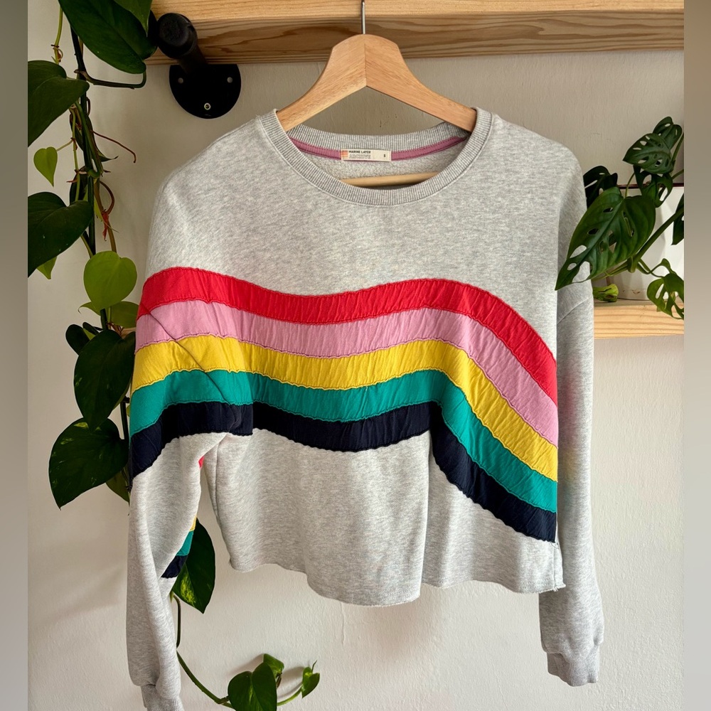 Marine Layer Gray Sweatshirt with Rainbow Stripes